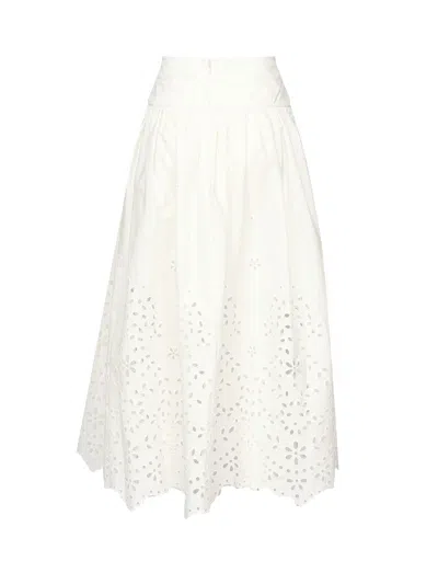 Self-portrait White Midi Skirt With Side Gathered Details And All-over Embroidery