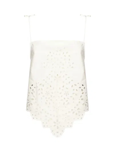 Self-portrait White Top With Asymmetric Hem And All-over Embroidery In Cotton Woman In Gray