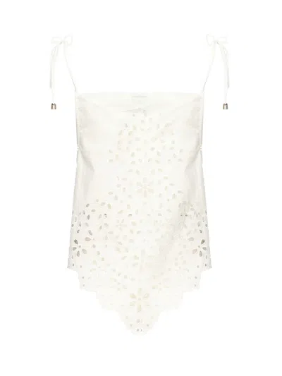 Self-portrait White Top With Asymmetric Hem And All-over Embroidery In Cotton Woman In Gray