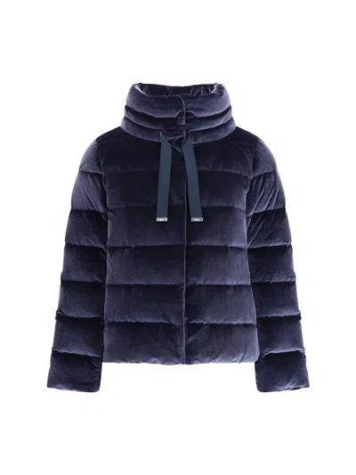 Herno Velvet Quilted Drawstring High Collar Jacket In Blue