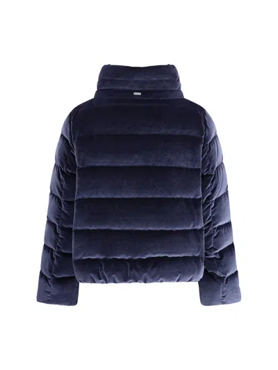 Herno Velvet Quilted Drawstring High Collar Jacket In Blue