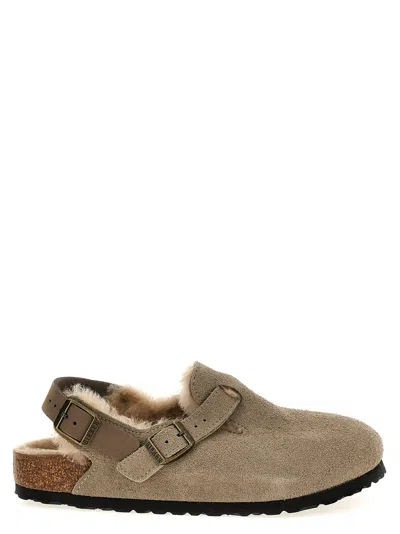 Birkenstock Tokio Shearling Buckled Suede Clogs In Neutral