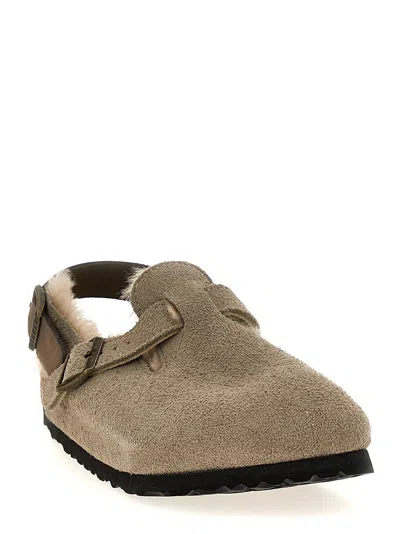 Birkenstock Tokio Shearling Buckled Suede Clogs In Neutral