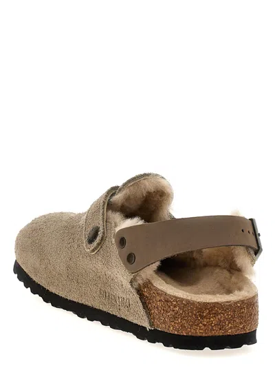 Birkenstock Tokio Shearling Buckled Suede Clogs In Neutral