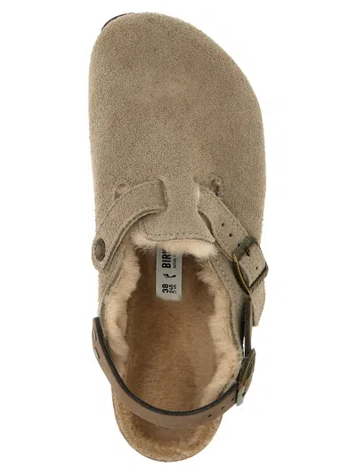 Birkenstock Tokio Shearling Buckled Suede Clogs In Neutral