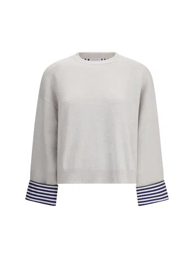 Brunello Cucinelli Cashmere Sweater Striped Cuffs Jewels In White
