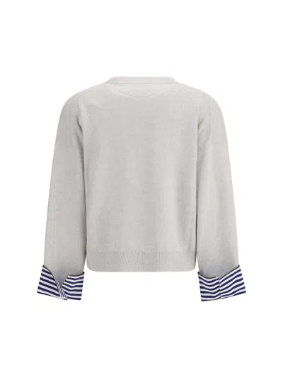 Brunello Cucinelli Cashmere Sweater Striped Cuffs Jewels In White