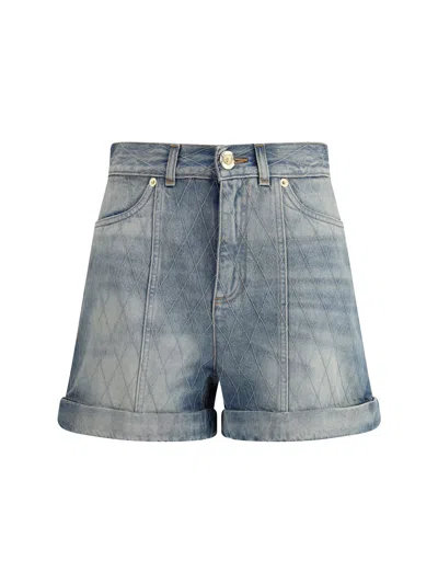 Balmain Rolled Hem Denim Shorts With Diamond Stitched Pattern In Blue