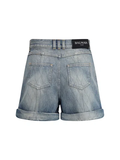Balmain Rolled Hem Denim Shorts With Diamond Stitched Pattern In Blue