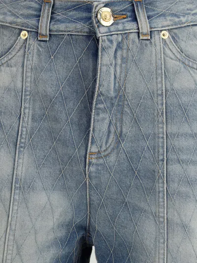 Balmain Rolled Hem Denim Shorts With Diamond Stitched Pattern In Blue