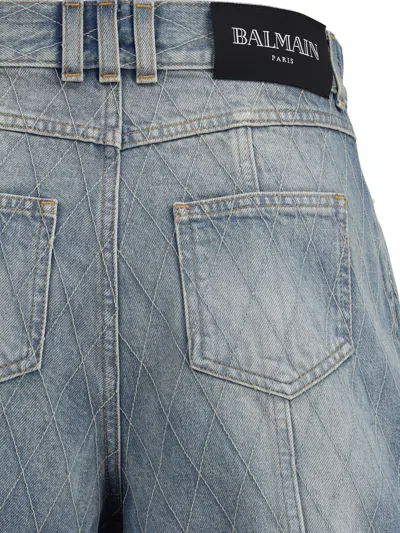 Balmain Rolled Hem Denim Shorts With Diamond Stitched Pattern In Blue