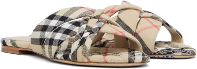 Burberry Beige Check Cabana Slides In Gold