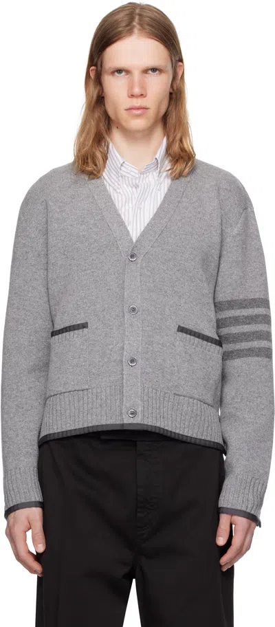 Thom Browne Milano Stitch V Neck Cardigan In Merino Wool In Gray