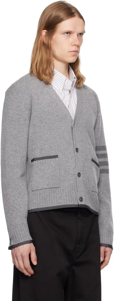 Thom Browne Milano Stitch V Neck Cardigan In Merino Wool In Gray