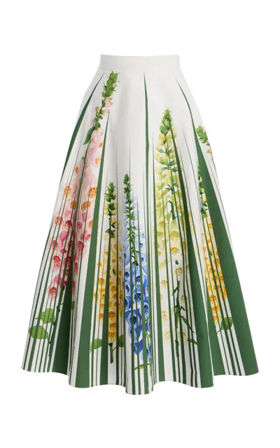 Oscar De La Renta Foxgloves Floral-print Cotton-blend Poplin Midi Skirt In Green