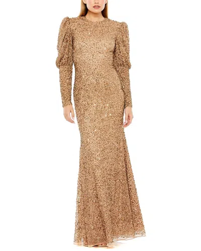 Mac Duggal Puff Sleeve Beaded Gown In Brown