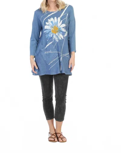 Jess & Jane Chit Chat Mineral Washed Cotton Top With Linen Contrast In Blue In Blue