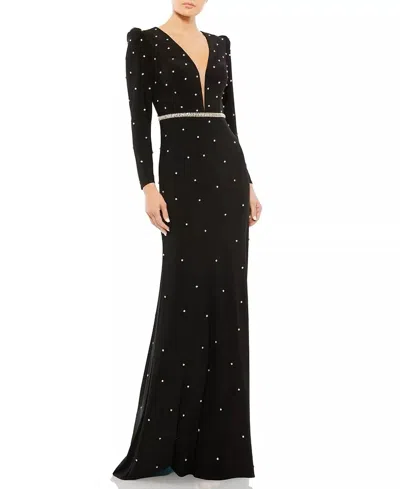 Mac Duggal Belted Jewel Encrusted Plunge Neck Long Sleeve Gown In Black