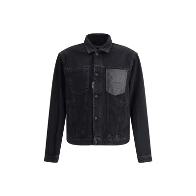 Dsquared2 Black Jacket With Classic Collar And Embossed Logo On The Front In Denim Man In Black