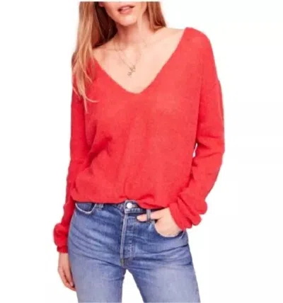 Free People Gossamer V-neck Sweater Coral Light Knit Pullover In Red In Red