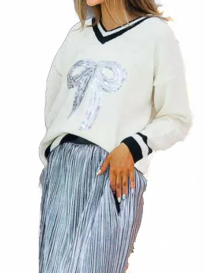 Grace + Emma Silver Sequin Bow On Cream Varsity Sweater