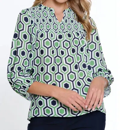 Multiples Ruffle Neck Print Top In Multi In Green