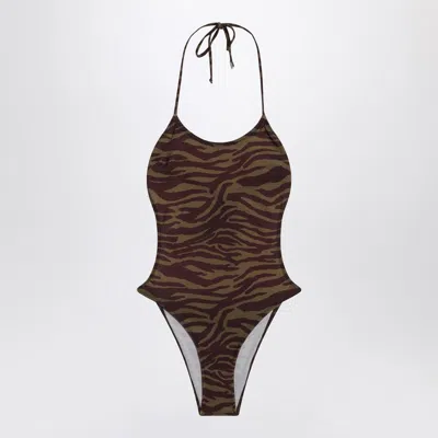Attico Zebra Printed One Piece Swimsuit In Brown