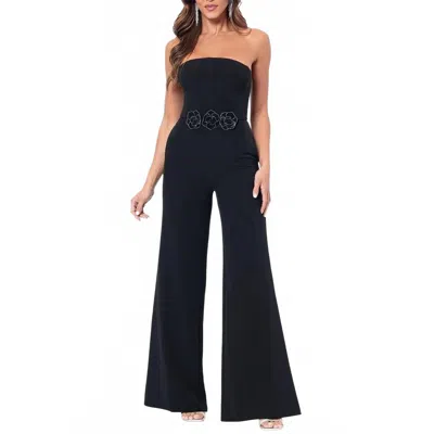 Betsy & Adam Rhinestone Flower Applique Strapless Wide Leg Jumpsuit In Black In Black