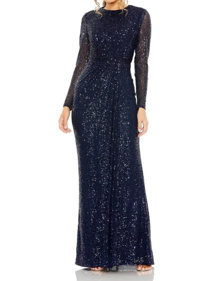 Mac Duggal Sequin Long Sleeve Maxi Dress In Midnight In Blue