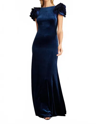 Tadashi Shoji Maylee Rosette Shoulder Velvet Gown In Navy In Blue