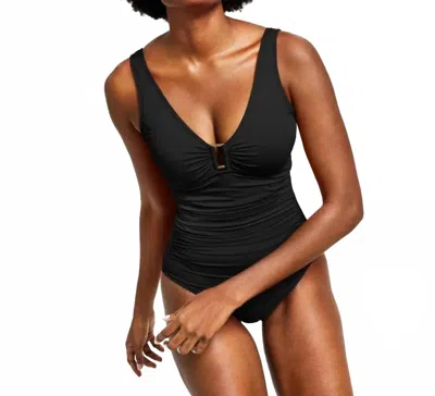 Ralph Lauren Ring Over The Shoulder Tummy Control One Piece Swimsuit In Black In Black