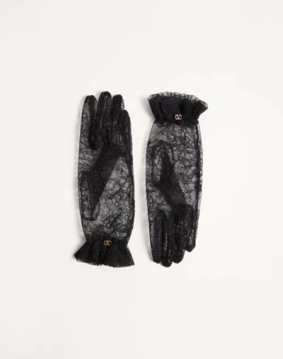 Valentino Lace Bow Sheer Fabric Gloves Signature In Black