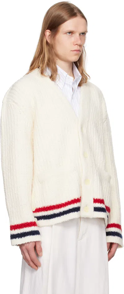 Thom Browne Ribbed Knit Rwb Stripe Cardigan In White