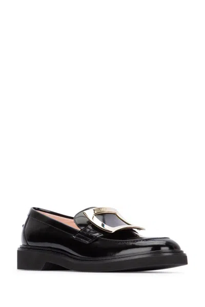 Roger Vivier Block Heel Loafer With Metallic Buckle Detail In Black