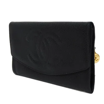 Pre-owned Chanel Black Grained Calfskin Long Wallet (bi-fold) () In Black