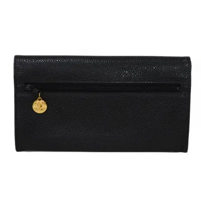 Pre-owned Chanel Black Grained Calfskin Long Wallet (bi-fold) () In Black