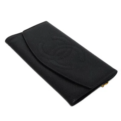 Pre-owned Chanel Black Grained Calfskin Long Wallet (bi-fold) () In Black