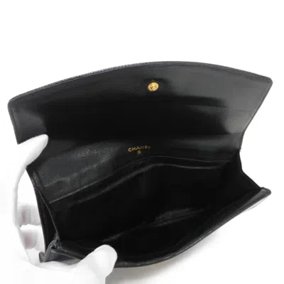Pre-owned Chanel Black Grained Calfskin Long Wallet (bi-fold) () In Black