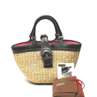 Pre-owned Coach Black Brown Straw Leather Handbag Tote Bag ()