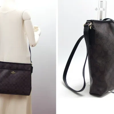 Pre-owned Coach Signature Black Brown Dark Brown Signature Line Shoulder Bag ()