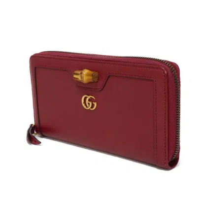 Pre-owned Gucci Bamboo Red Color Leather Long Wallet (bi-fold) ()