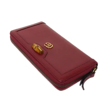 Pre-owned Gucci Bamboo Red Color Leather Long Wallet (bi-fold) ()