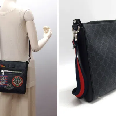 Pre-owned Gucci Black Charcoal Gray Multi-color Navy Red Color Gg Supreme Shoulder Bag ()