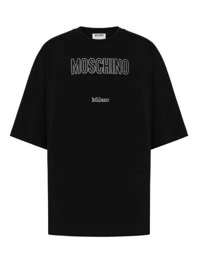 Moschino Crystal Logo Crew Neck T-shirt With Short Sleeves In Black