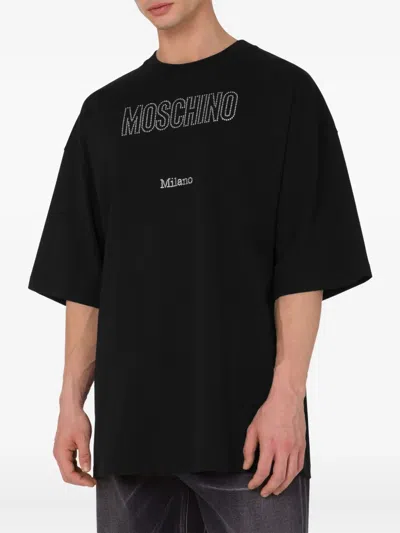 Moschino Crystal Logo Crew Neck T-shirt With Short Sleeves In Black