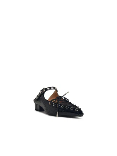Ganni Laced Block Heel Mules With Eyelet Detailing In Black