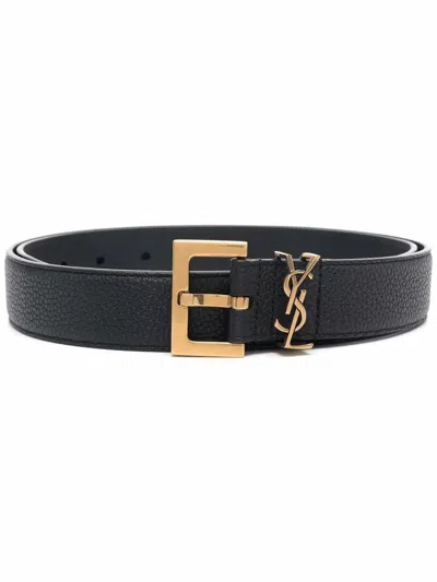 Saint Laurent Grained Leather Cassandre Belt With Square Buckle Accessories In Blue