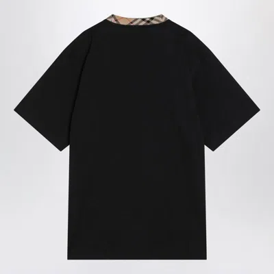 Burberry Black Cotton T-shirt With Check Finishes Men In Black