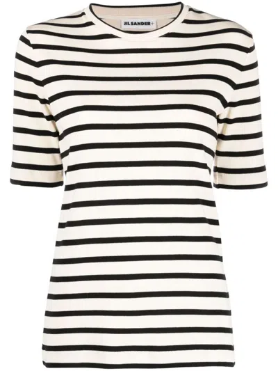 Jil Sander Black And White Knitted Striped T-shirt In Cotton Woman