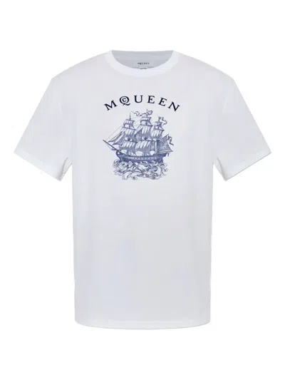 Alexander Mcqueen White Crewneck T-shirt With Logo Print On The Front In Cotton Man